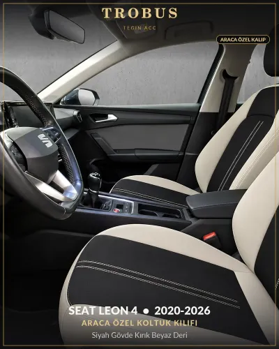 Seat Leon 4 2020-2026 Araca Özel Koltuk Kılıfı Siyah Gövde Kırık Beyaz Deri