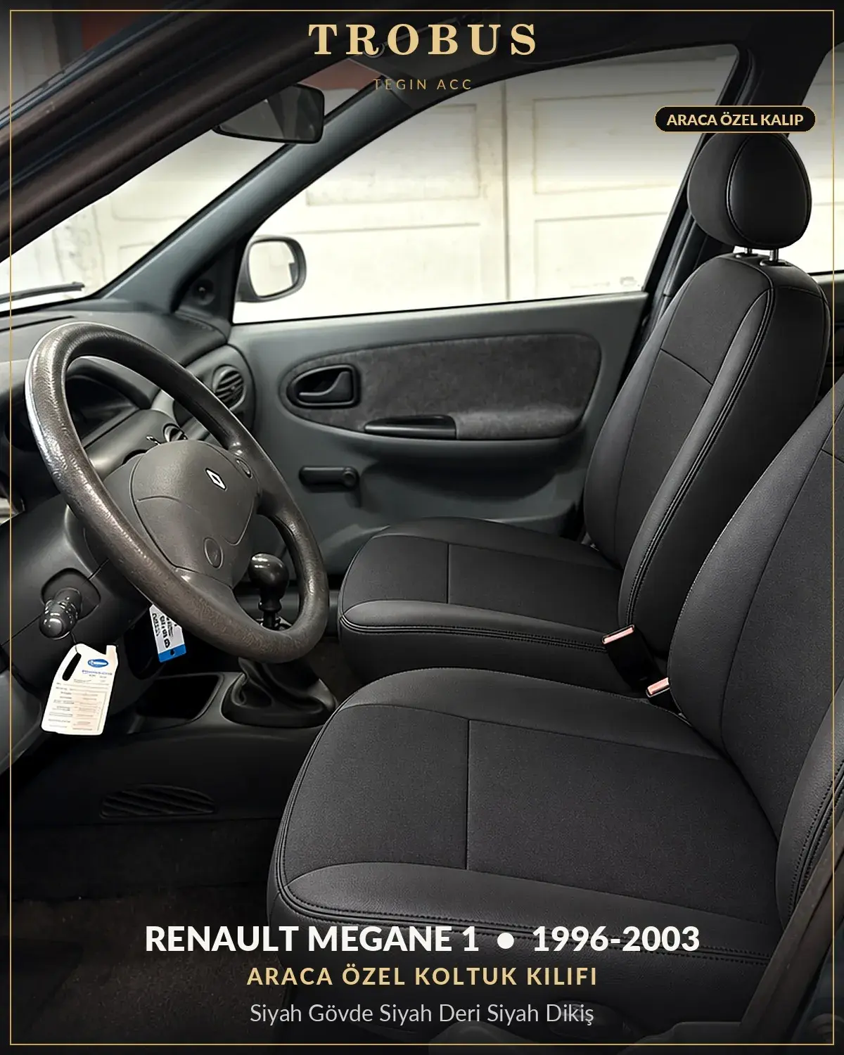 Renault Megane 1 1996-2003 Araca Özel Koltuk Kılıfı Siyah Gövde Siyah Deri Siyah Dikiş (1)