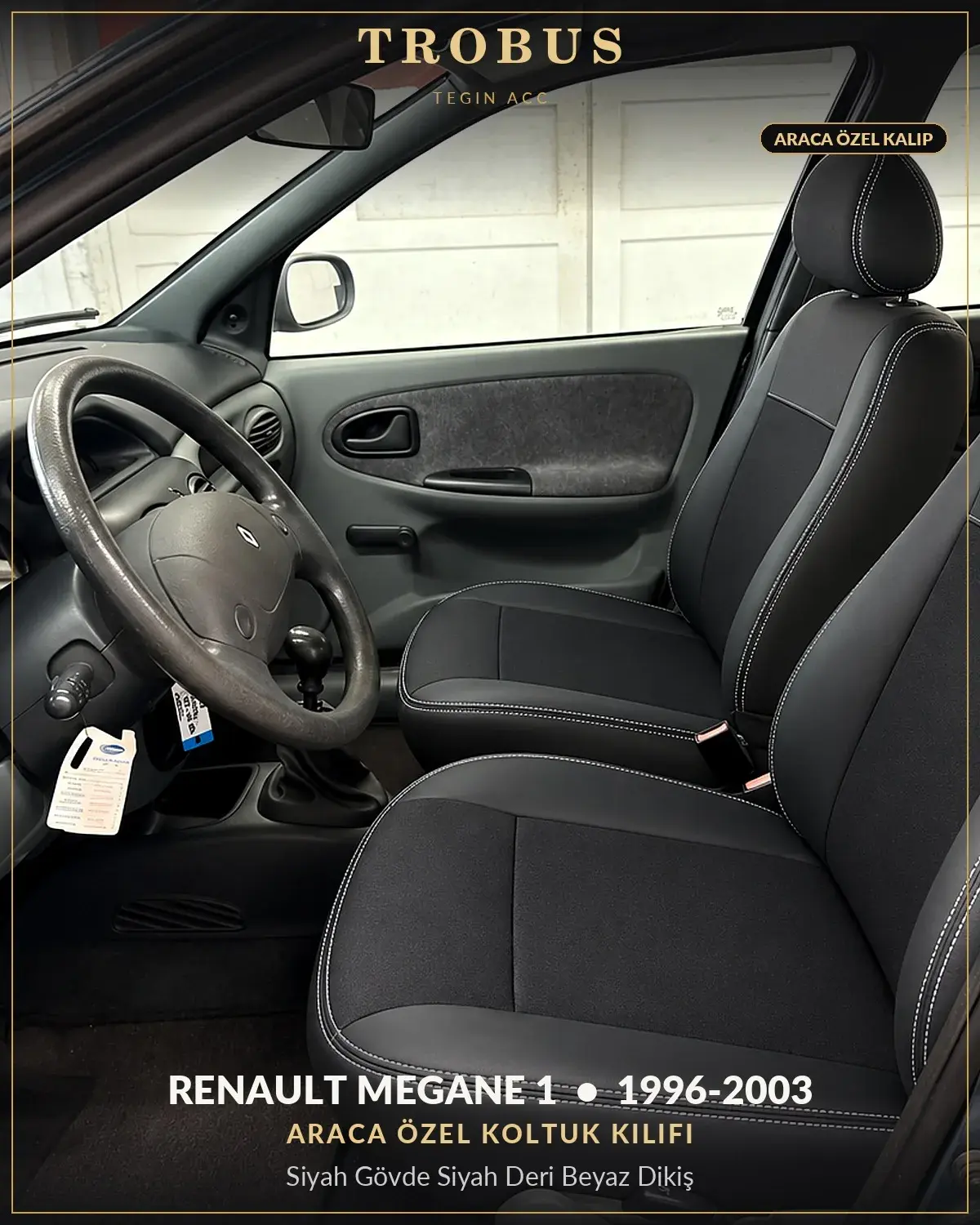 Renault Megane 1 1996-2003 Araca Özel Koltuk Kılıfı Siyah Gövde Siyah Deri Beyaz Dikiş (1)