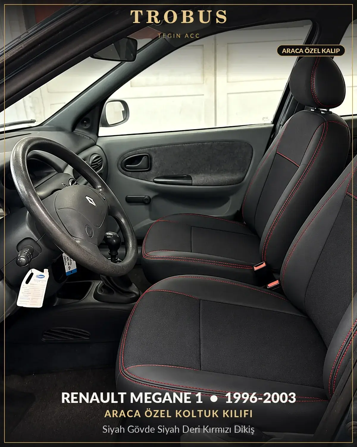 Renault Megane 1 1996-2003 Araca Özel Koltuk Kılıfı Siyah Gövde Siyah Deri Kırmızı Dikiş (1)