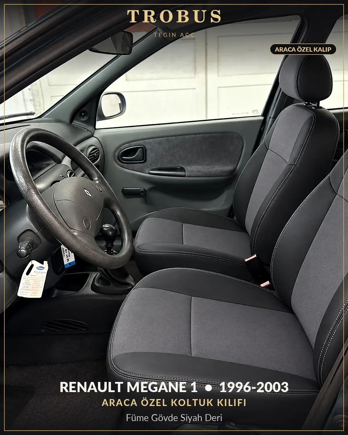 Renault Megane 1 1996-2003 Araca Özel Koltuk Kılıfı Füme Gövde Siyah Deri (1)