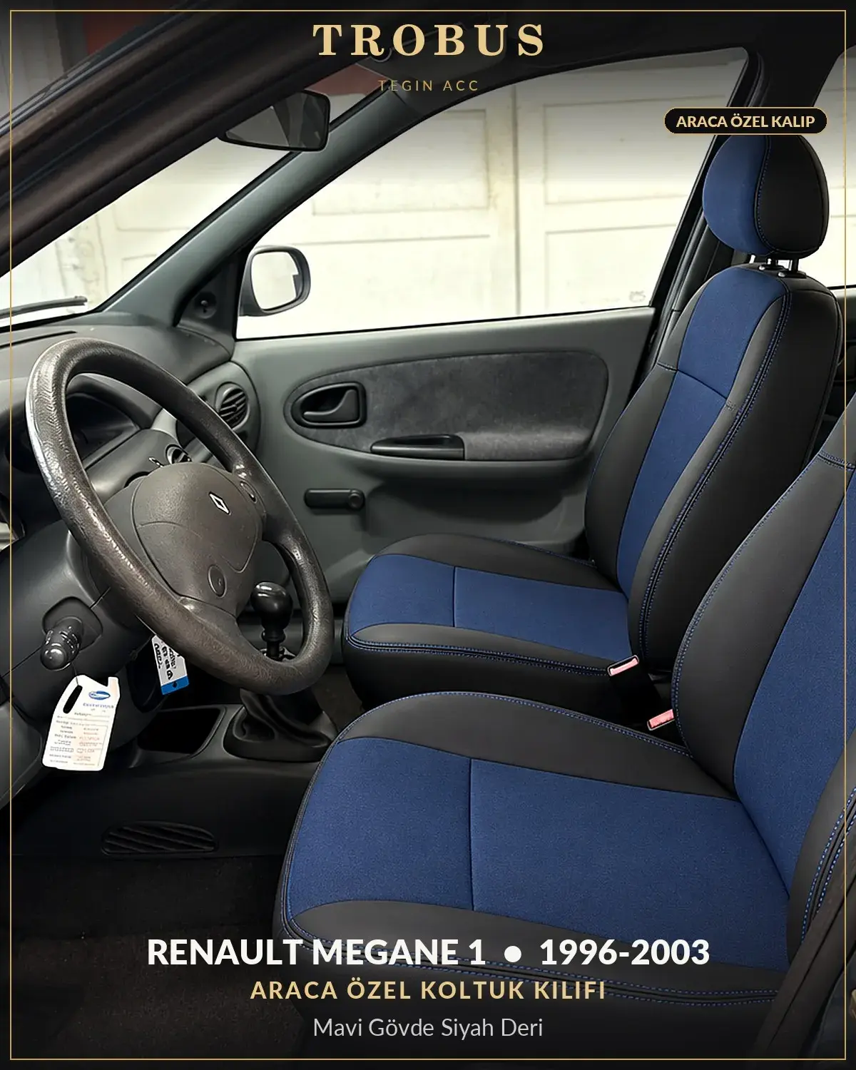 Renault Megane 1 1996-2003 Araca Özel Koltuk Kılıfı Mavi Gövde Siyah Deri (1)