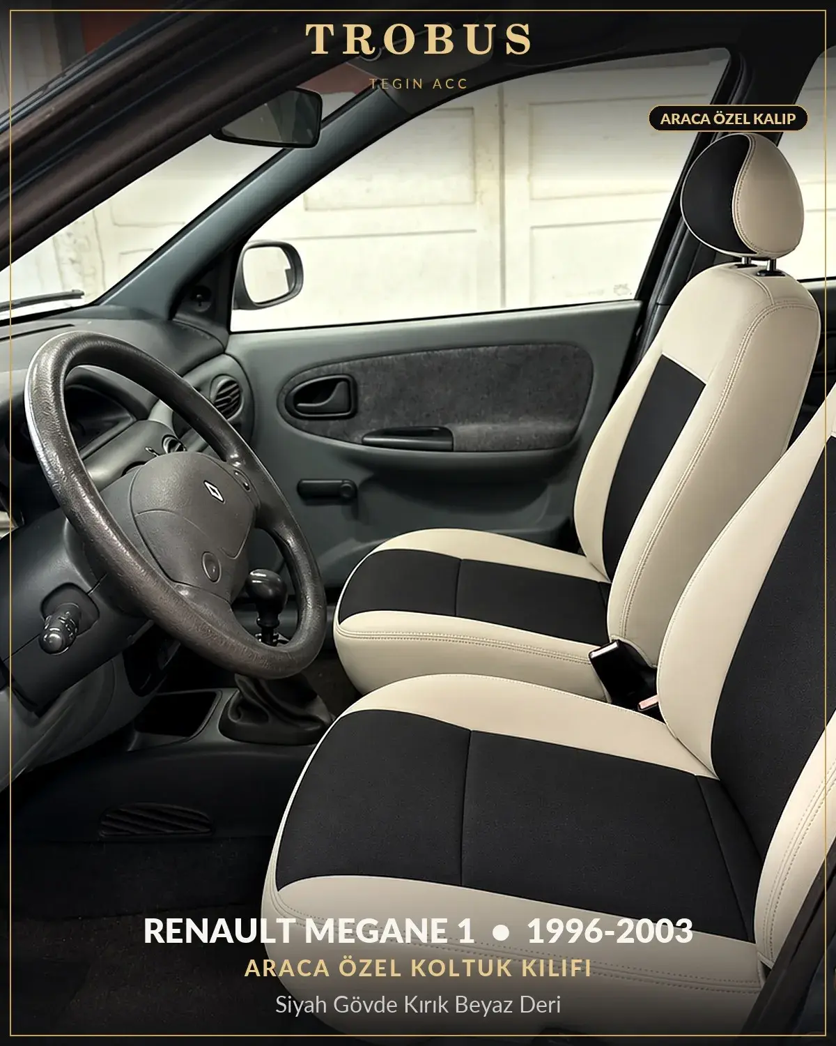 Renault Megane 1 1996-2003 Araca Özel Koltuk Kılıfı Siyah Gövde Kırık Beyaz Deri (1)
