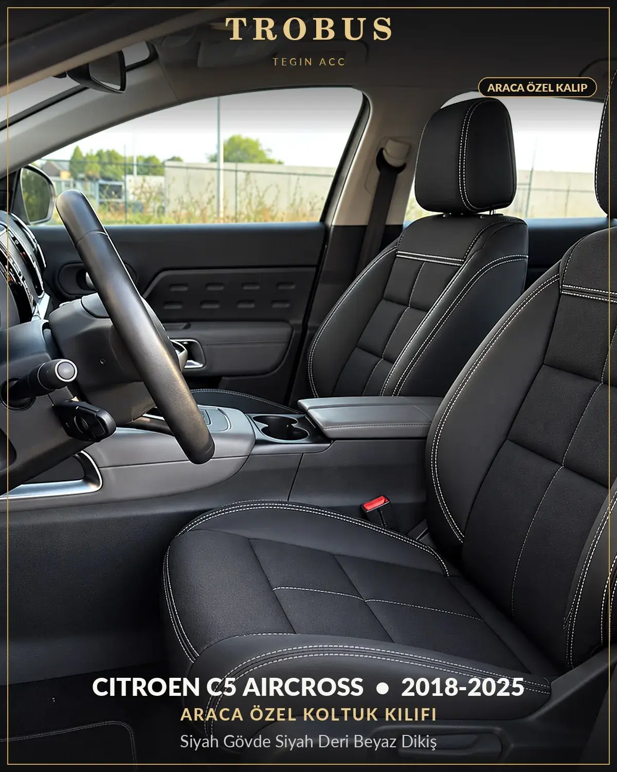 Citroen C5 Aircross 2018-2025 Araca Özel Koltuk Kılıfı Siyah Gövde Siyah Deri Beyaz Dikiş (1)