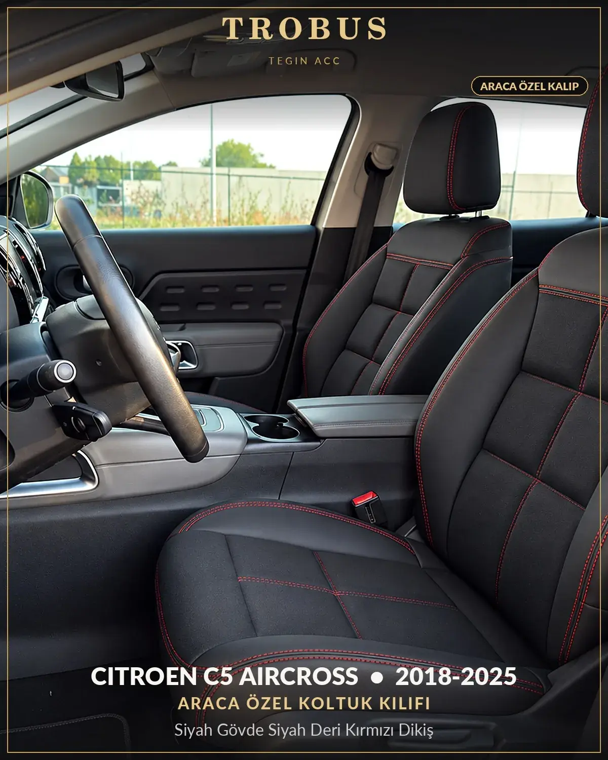 Citroen C5 Aircross 2018-2025 Araca Özel Koltuk Kılıfı Siyah Gövde Siyah Deri Kırmızı Dikiş (1)
