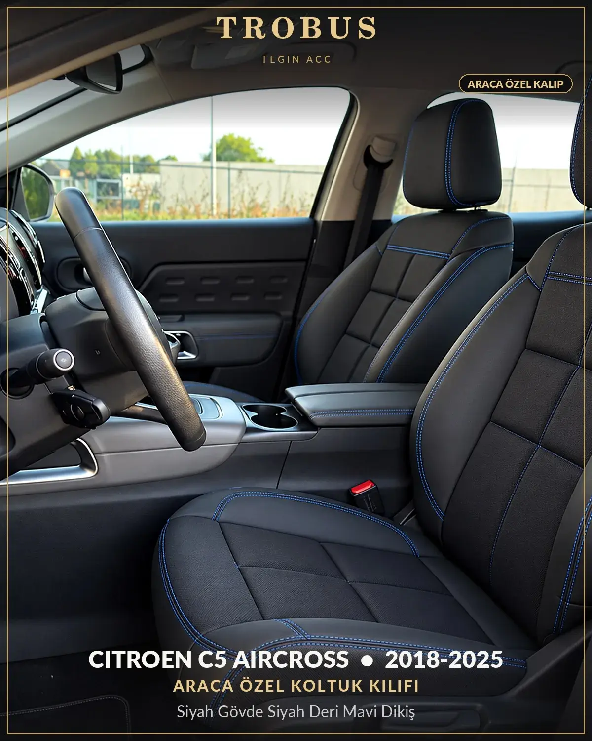 Citroen C5 Aircross 2018-2025 Araca Özel Koltuk Kılıfı Siyah Gövde Siyah Deri Mavi Dikiş (1)