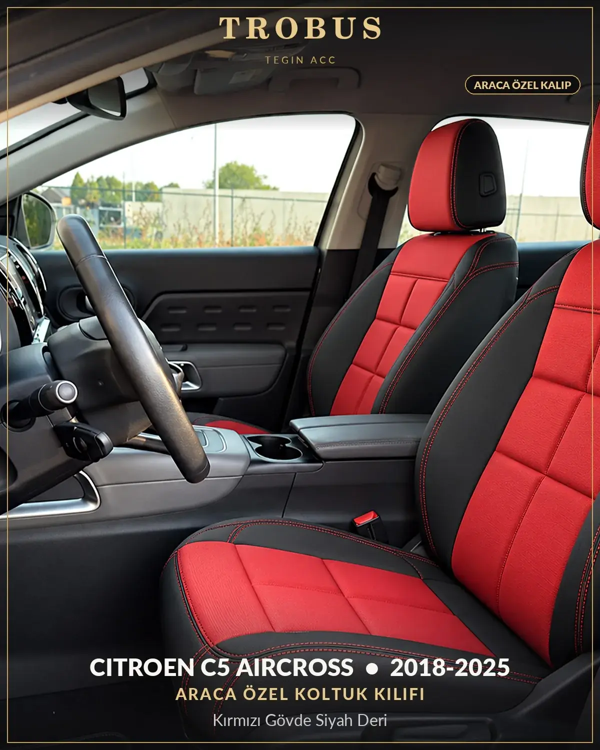 Citroen C5 Aircross 2018-2025 Araca Özel Koltuk Kılıfı Kırmızı Gövde Siyah Deri (1)