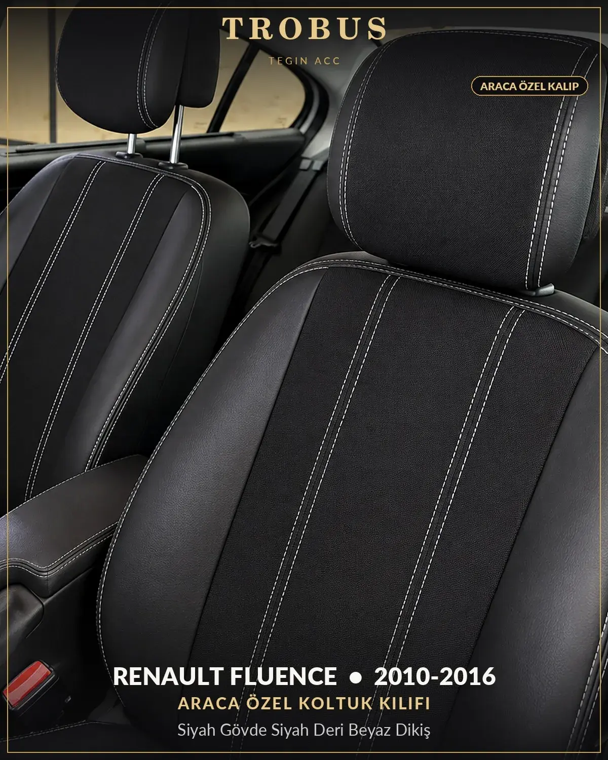 Renault Fluence 2010-2016 Araca Özel Koltuk Kılıfı Siyah Gövde Siyah Deri Beyaz Dikiş (1)