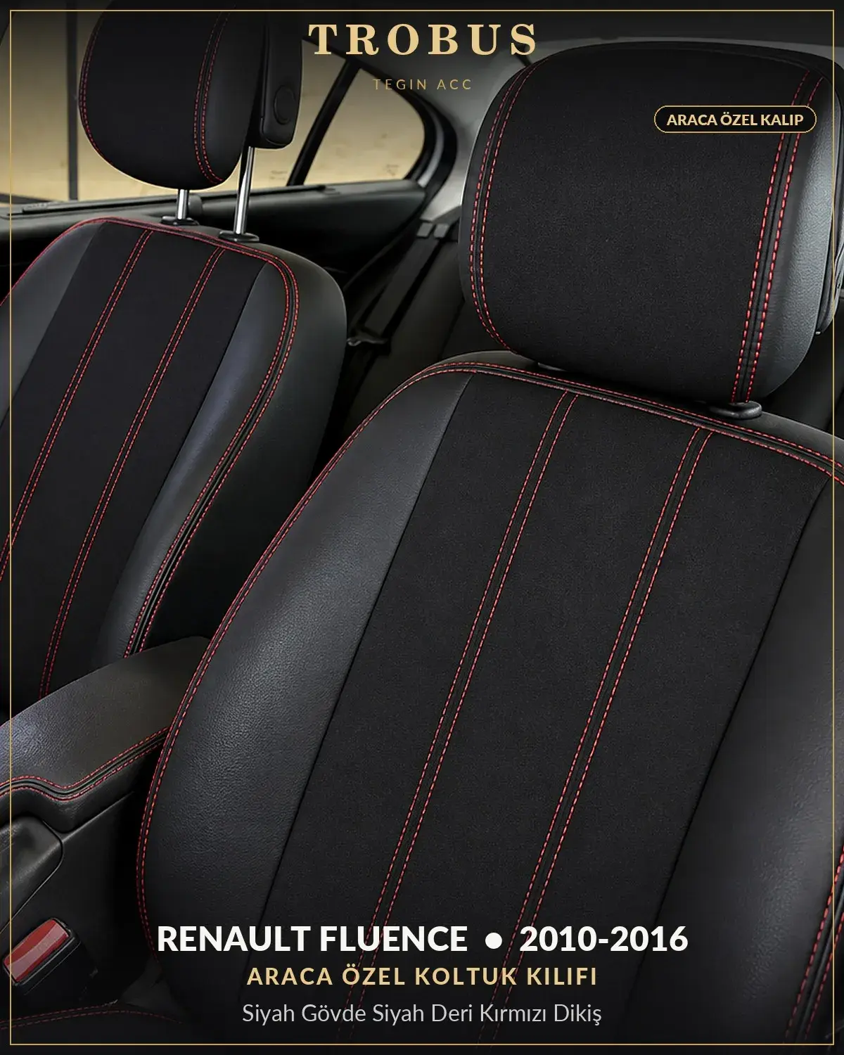Renault Fluence 2010-2016 Araca Özel Koltuk Kılıfı Siyah Gövde Siyah Deri Kırmızı Dikiş (1)