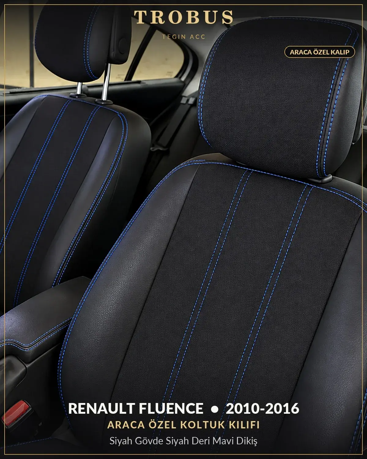 Renault Fluence 2010-2016 Araca Özel Koltuk Kılıfı Siyah Gövde Siyah Deri Mavi Dikiş (1)