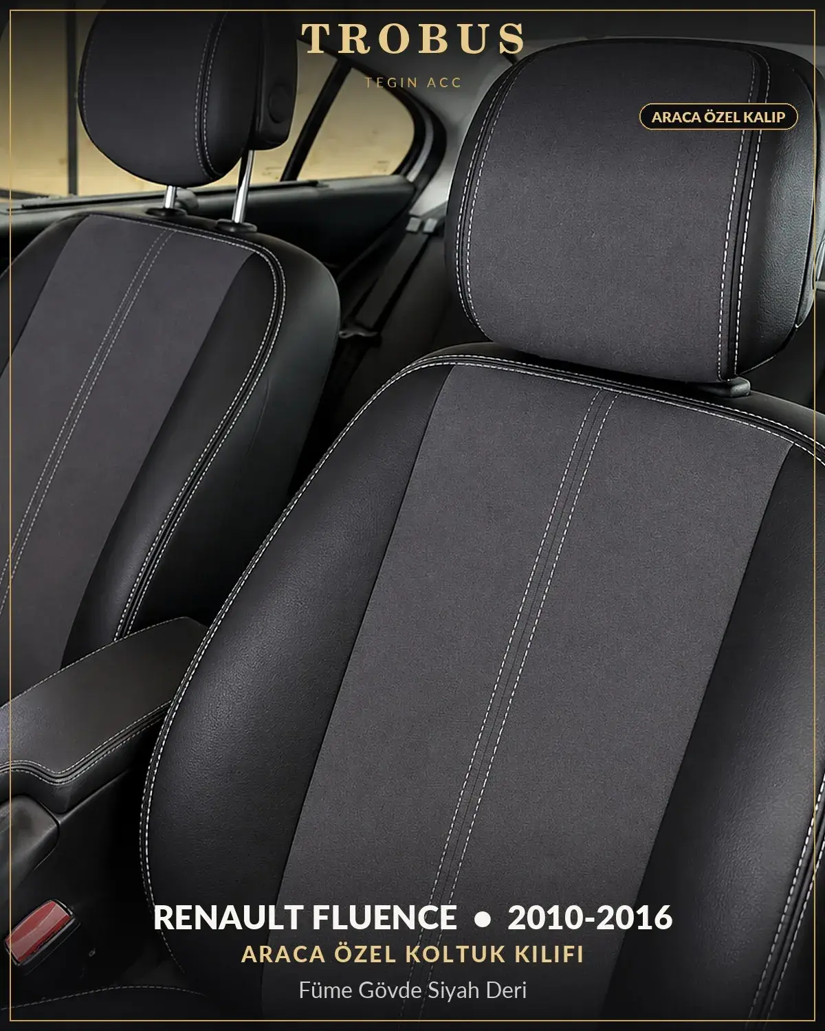 Renault Fluence 2010-2016 Araca Özel Koltuk Kılıfı Füme Gövde Siyah Deri (1)