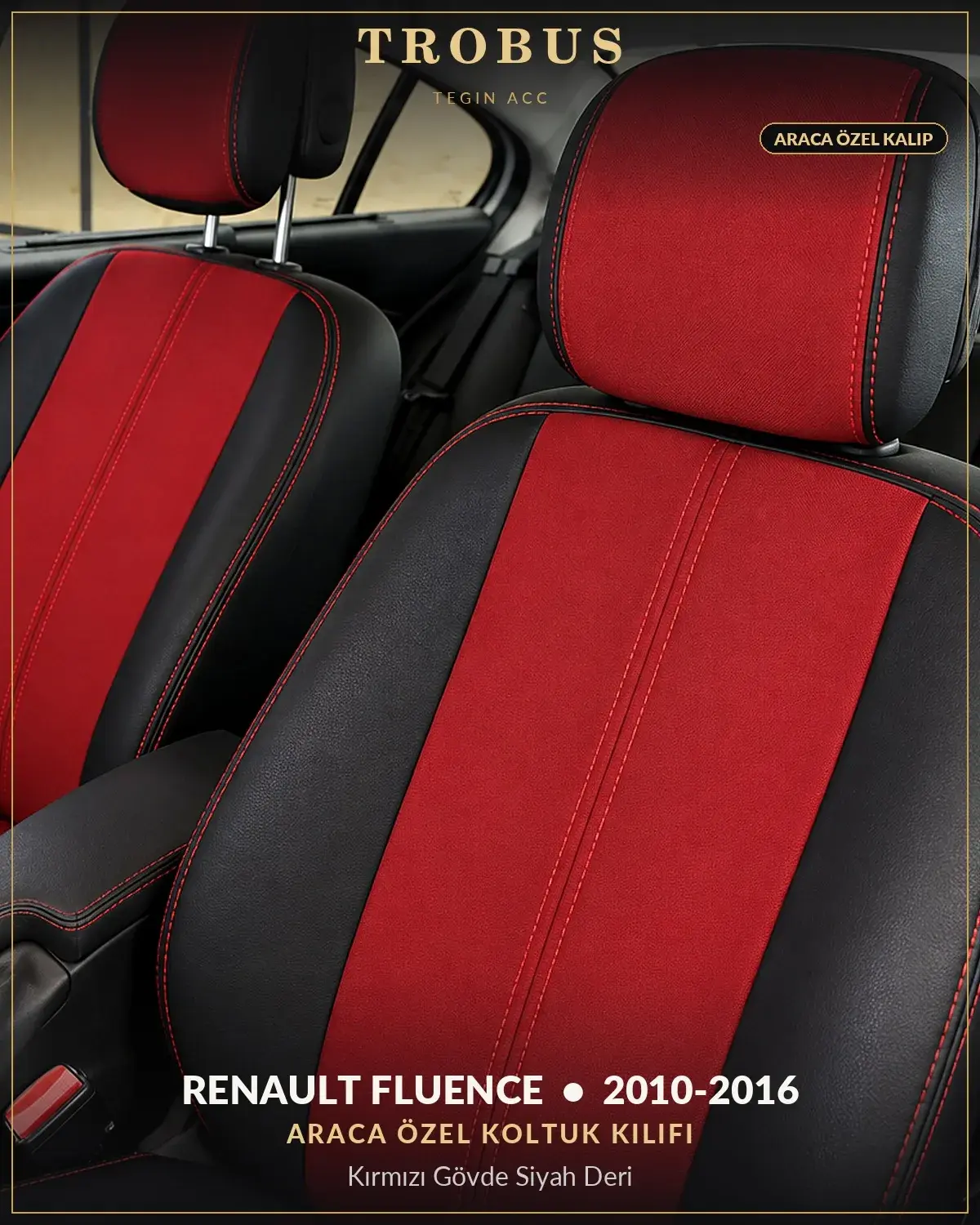 Renault Fluence 2010-2016 Araca Özel Koltuk Kılıfı Kırmızı Gövde Siyah Deri (1)