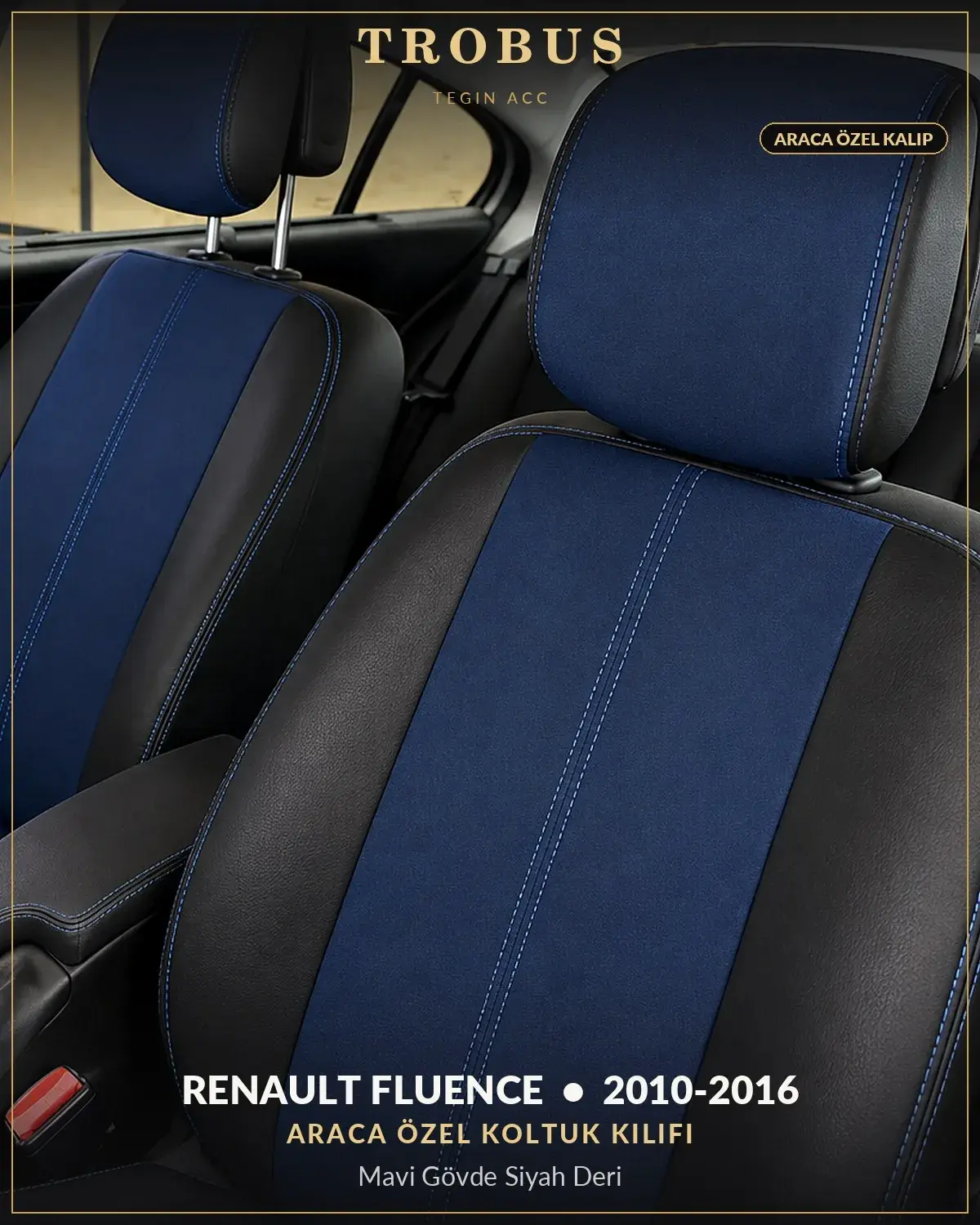 Renault Fluence 2010-2016 Araca Özel Koltuk Kılıfı Mavi Gövde Siyah Deri (1)