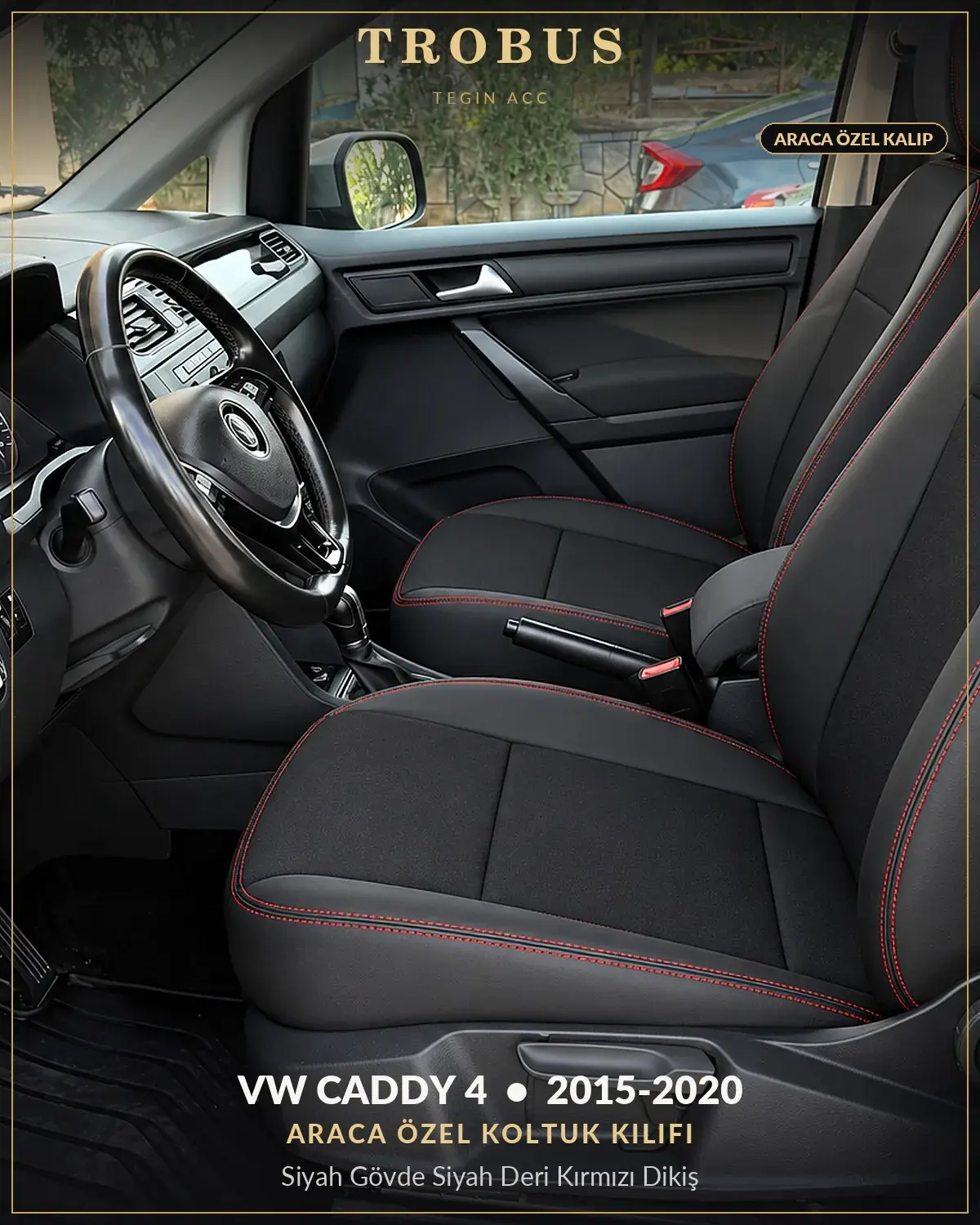 Volkswagen Caddy 4 2015-2020 Araca Özel Koltuk Kılıfı Siyah Gövde Siyah Deri Kırmızı Dikiş (1)