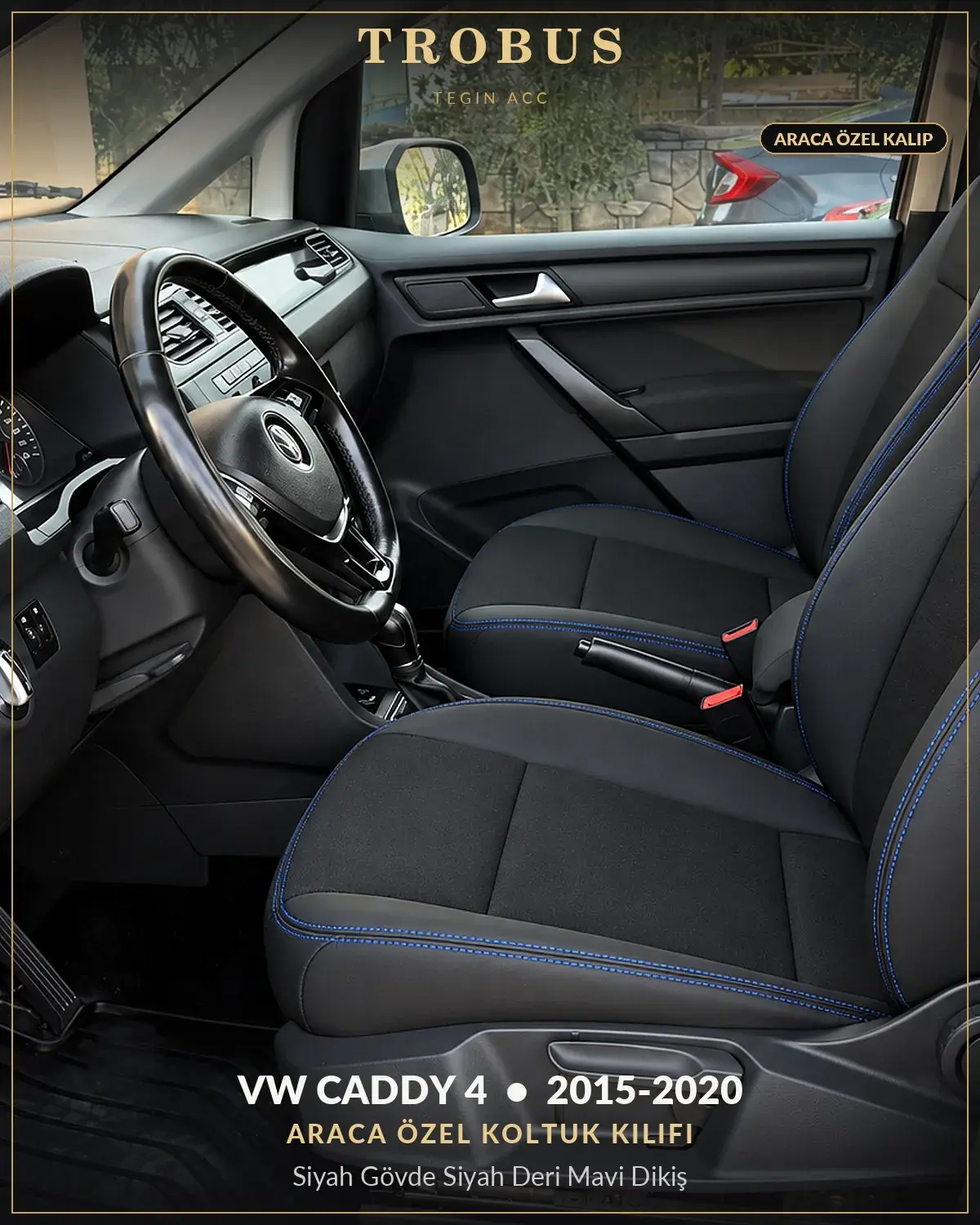 Volkswagen Caddy 4 2015-2020 Araca Özel Koltuk Kılıfı Siyah Gövde Siyah Deri Mavi Dikiş (1)