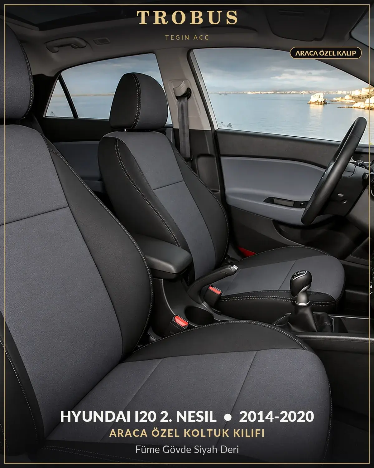Hyundai i20 2. Nesil 2014-2020 Araca Özel Koltuk Kılıfı Füme Gövde Siyah Deri (1)