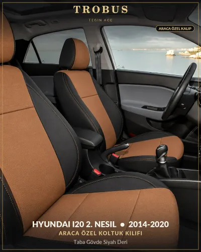 Hyundai i20 2. Nesil 2014-2020 Araca Özel Koltuk Kılıfı Taba Gövde Siyah Deri