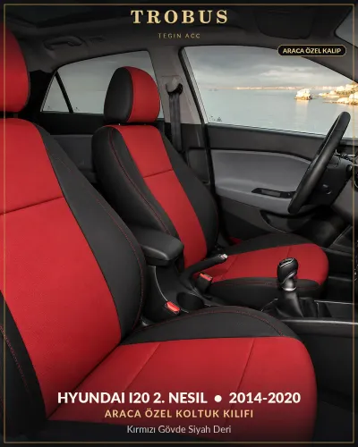 Hyundai i20 2. Nesil 2014-2020 Araca Özel Koltuk Kılıfı Kırmızı Gövde Siyah Deri