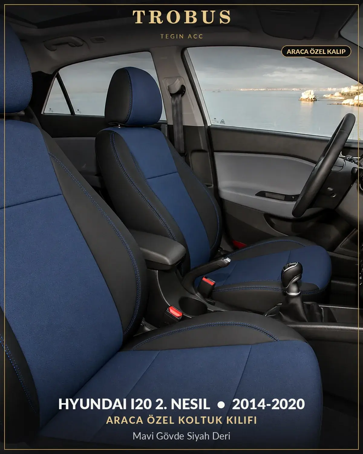 Hyundai i20 2. Nesil 2014-2020 Araca Özel Koltuk Kılıfı Mavi Gövde Siyah Deri (1)