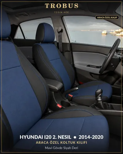 Hyundai i20 2. Nesil 2014-2020 Araca Özel Koltuk Kılıfı Mavi Gövde Siyah Deri