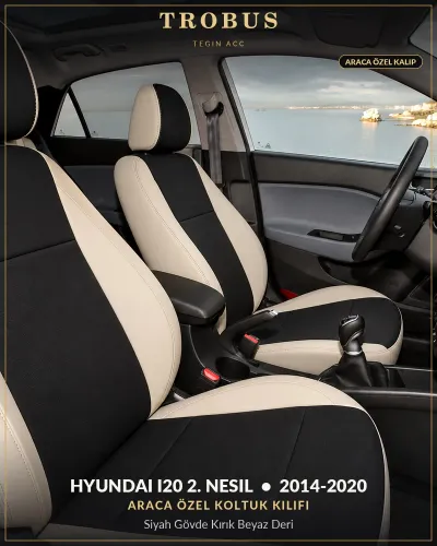 Hyundai i20 2. Nesil 2014-2020 Araca Özel Koltuk Kılıfı Siyah Gövde Kırık Beyaz Deri