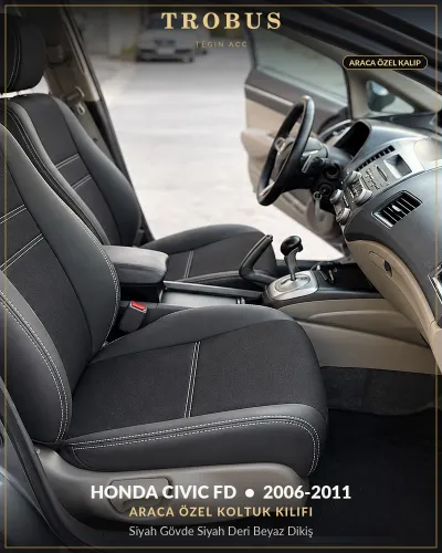 Honda Civic FD 2006-2011 Araca Özel Koltuk Kılıfı Siyah Gövde Siyah Deri Beyaz Dikiş