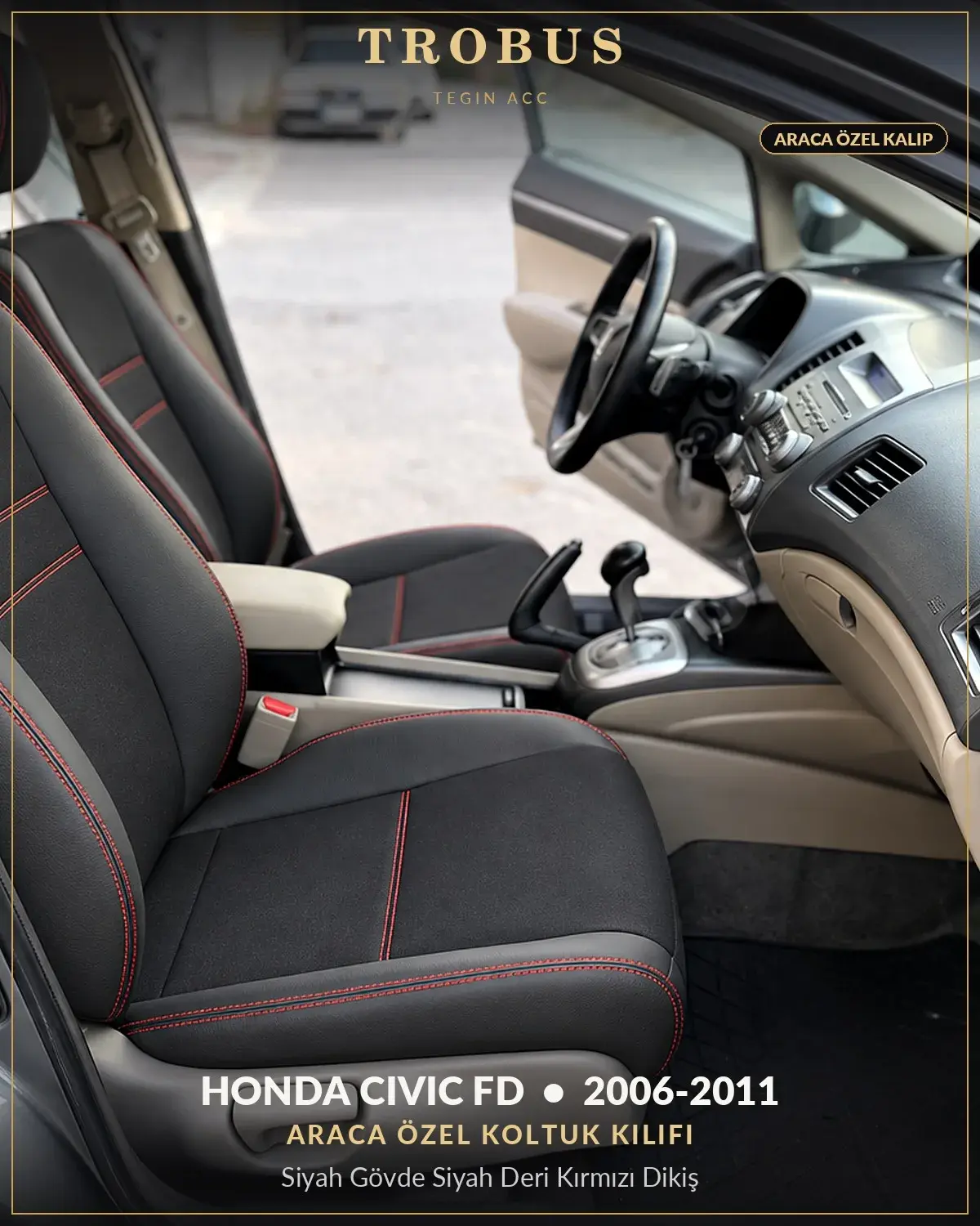 Honda Civic FD 2006-2011 Araca Özel Koltuk Kılıfı Siyah Gövde Siyah Deri Kırmızı Dikiş (1)