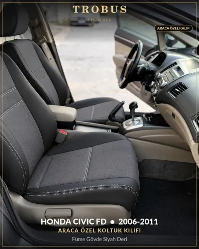 Honda Civic FD 2006-2011 Araca Özel Koltuk Kılıfı Füme Gövde Siyah Deri