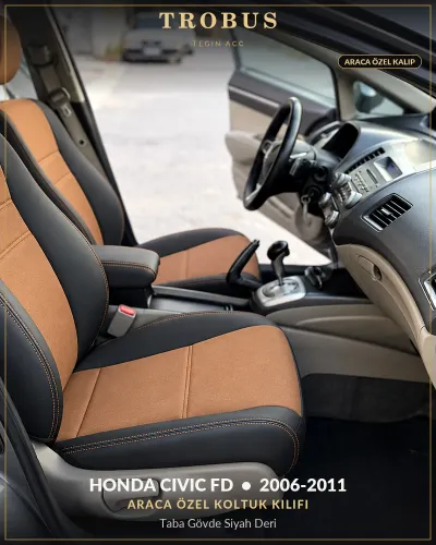 Honda Civic FD 2006-2011 Araca Özel Koltuk Kılıfı Taba Gövde Siyah Deri