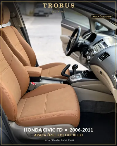 Honda Civic FD 2006-2011 Araca Özel Koltuk Kılıfı Taba Gövde Taba Deri
