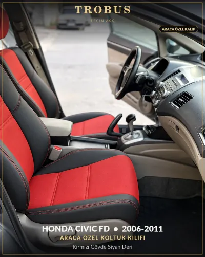 Honda Civic FD 2006-2011 Araca Özel Koltuk Kılıfı Kırmızı Gövde Siyah Deri