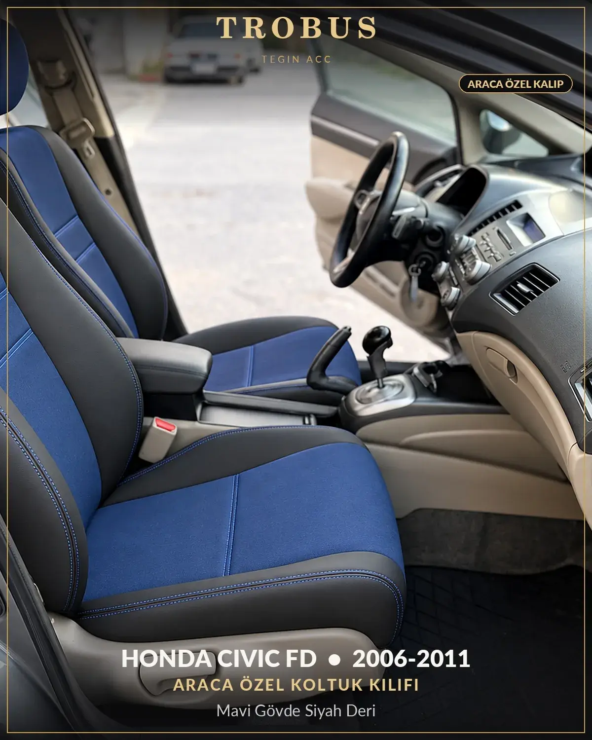 Honda Civic FD 2006-2011 Araca Özel Koltuk Kılıfı Mavi Gövde Siyah Deri (1)