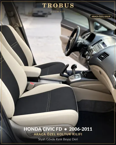Honda Civic FD 2006-2011 Araca Özel Koltuk Kılıfı Siyah Gövde Kırık Beyaz Deri