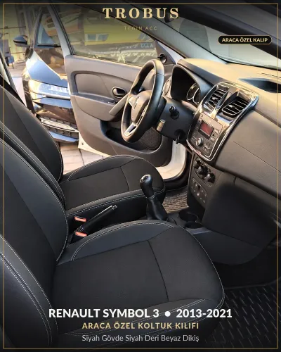 Renault Symbol 3 2013-2021 Araca Özel Koltuk Kılıfı Siyah Gövde Siyah Deri Beyaz Dikiş