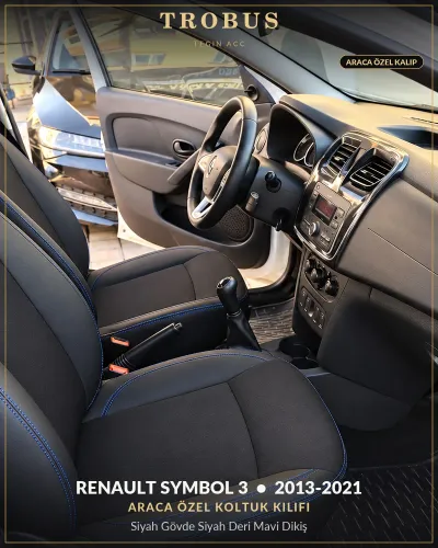 Renault Symbol 3 2013-2021 Araca Özel Koltuk Kılıfı Siyah Gövde Siyah Deri Mavi Dikiş