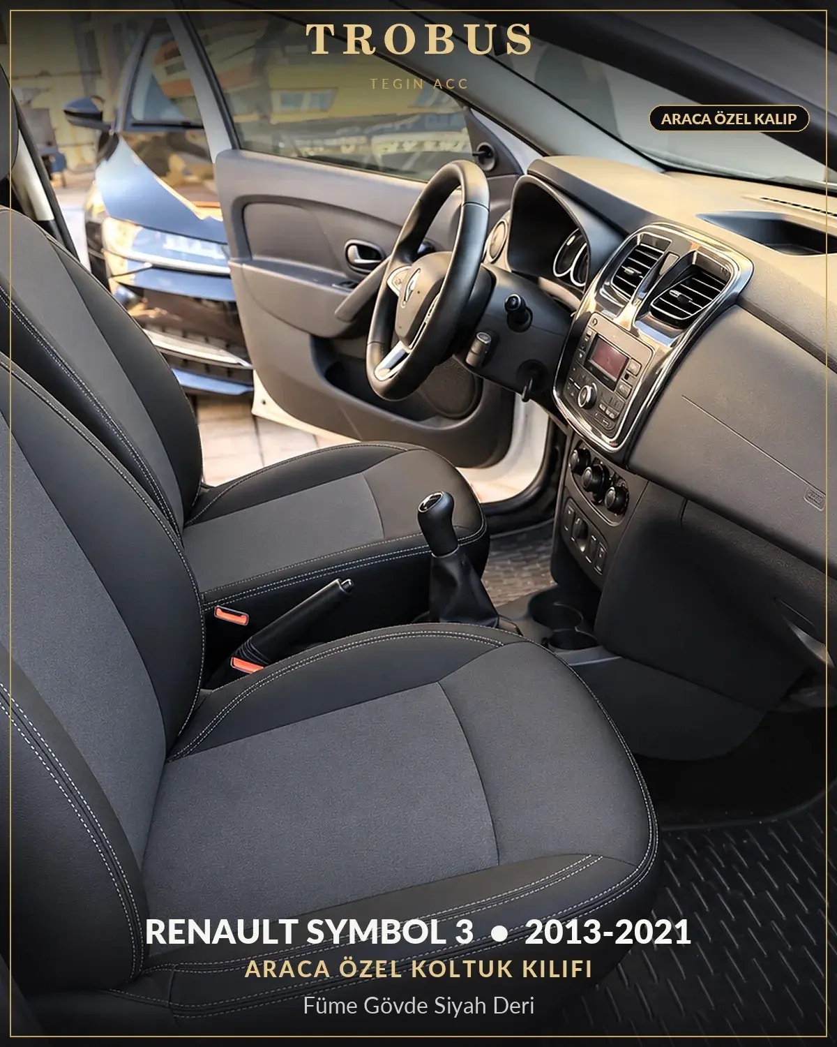 Renault Symbol 3 2013-2021 Araca Özel Koltuk Kılıfı Füme Gövde Siyah Deri (1)