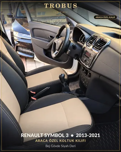 Renault Symbol 3 2013-2021 Araca Özel Koltuk Kılıfı Bej Gövde Siyah Deri