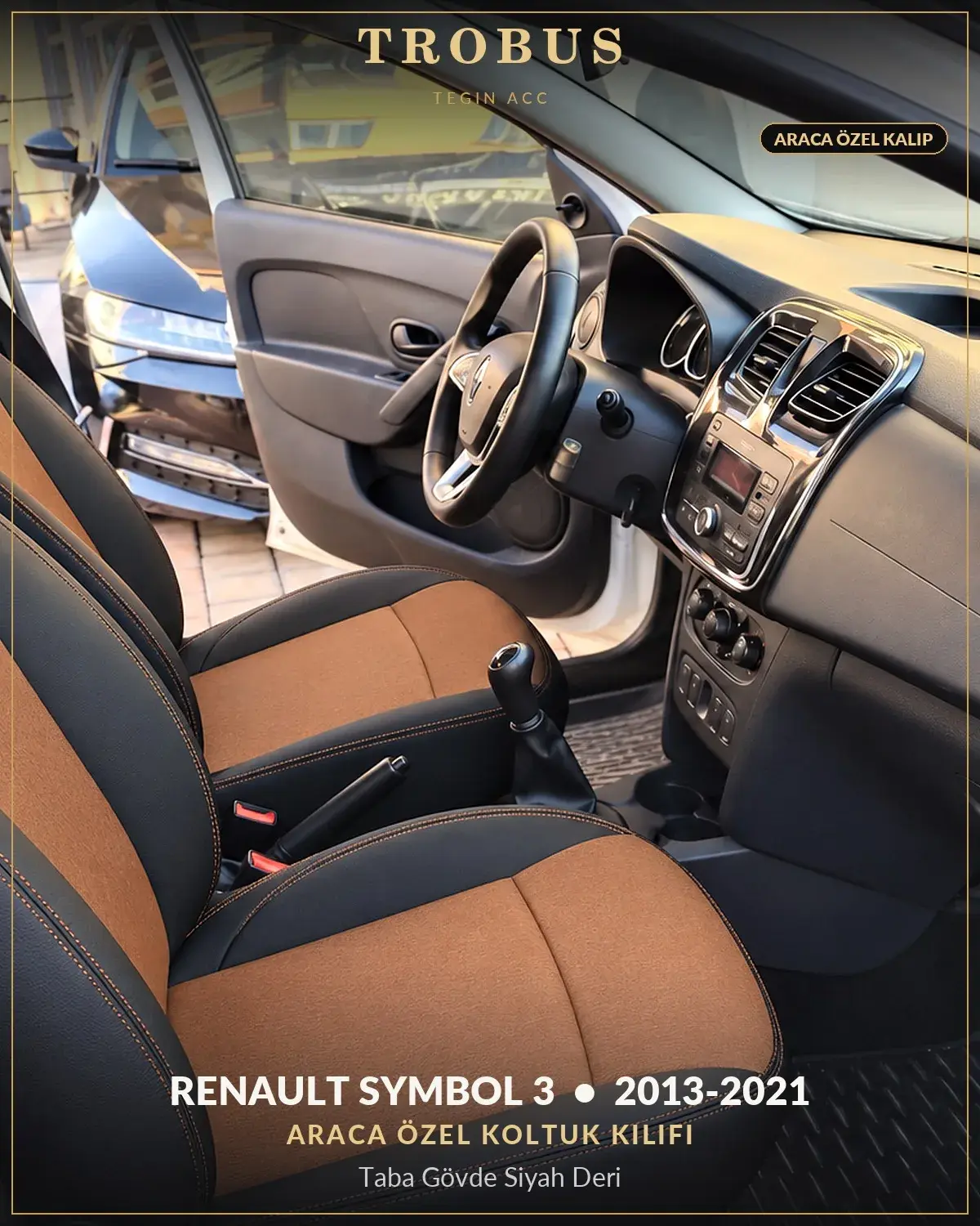 Renault Symbol 3 2013-2021 Araca Özel Koltuk Kılıfı Taba Gövde Siyah Deri (1)