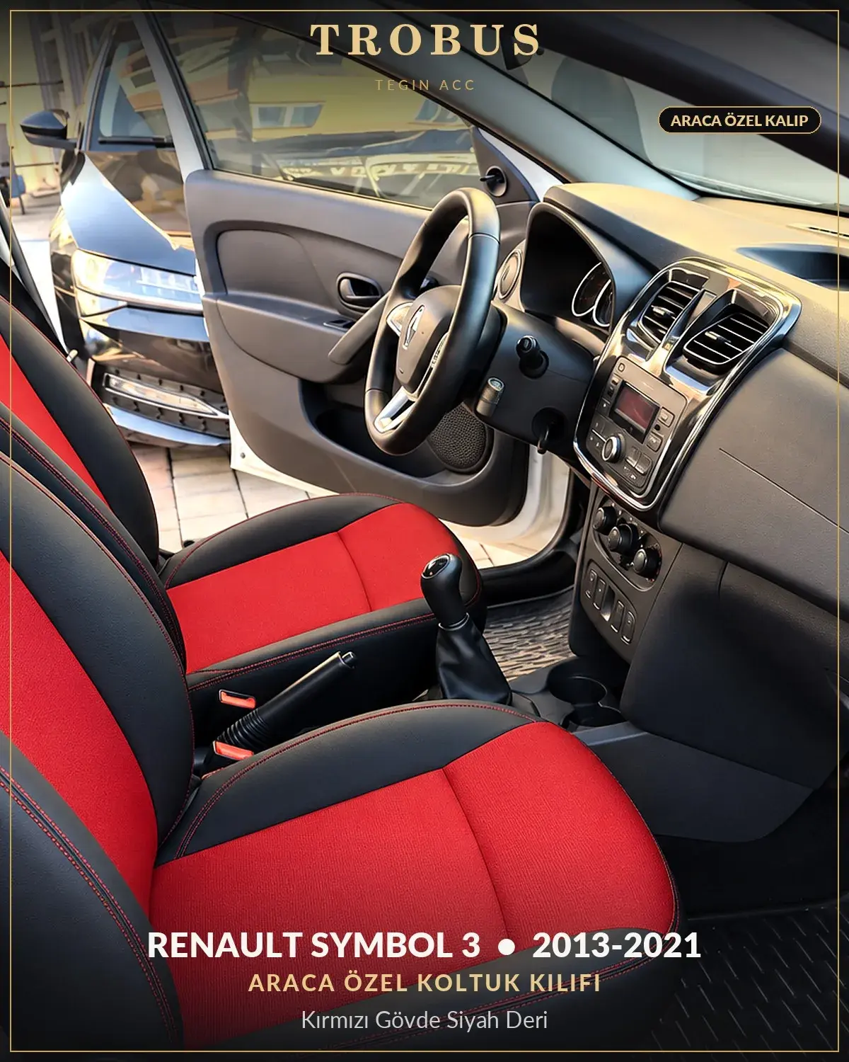 Renault Symbol 3 2013-2021 Araca Özel Koltuk Kılıfı Kırmızı Gövde Siyah Deri (1)