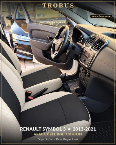 Renault Symbol 3 2013-2021 Araca Özel Koltuk Kılıfı Siyah Gövde Kırık Beyaz Deri