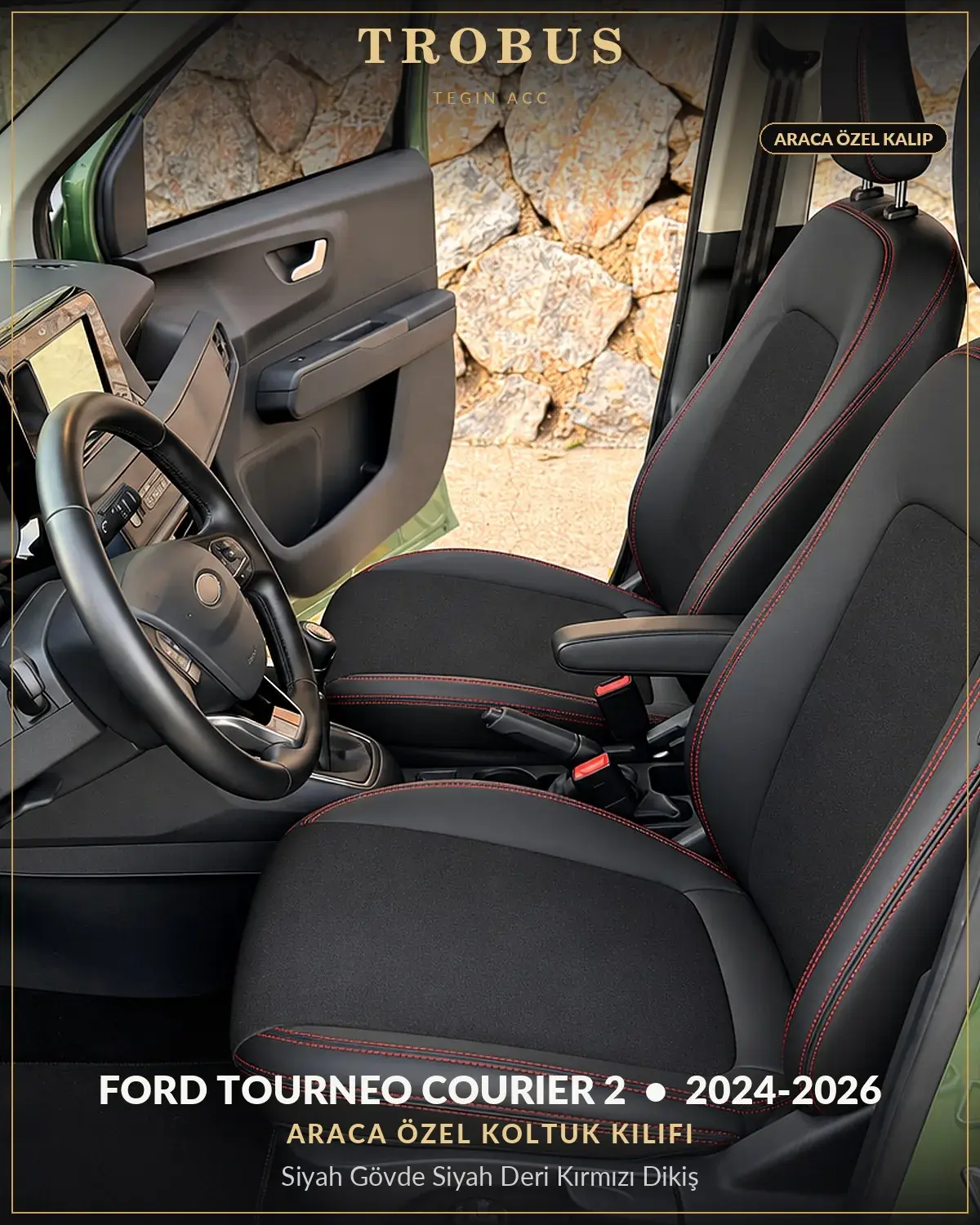 Ford Tourneo Courier 2 2024-2026 Araca Özel Koltuk Kılıfı Siyah Gövde Siyah Deri Kırmızı Dikiş (1)