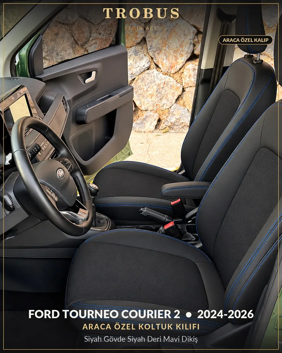 Ford Tourneo Courier 2 2024-2026 Araca Özel Koltuk Kılıfı Siyah Gövde Siyah Deri Mavi Dikiş (1)
