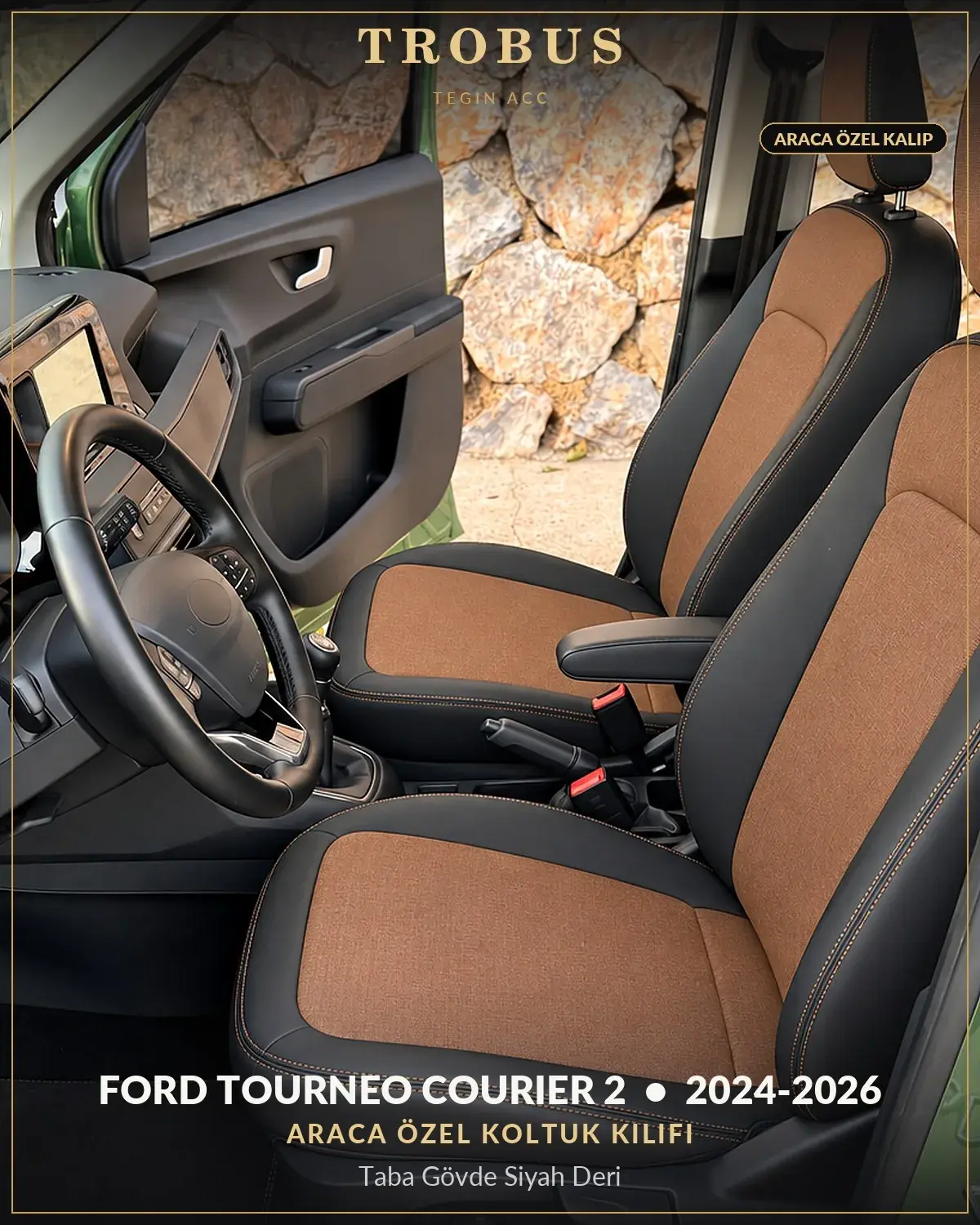 Ford Tourneo Courier 2 2024-2026 Araca Özel Koltuk Kılıfı Taba Gövde Siyah Deri (1)