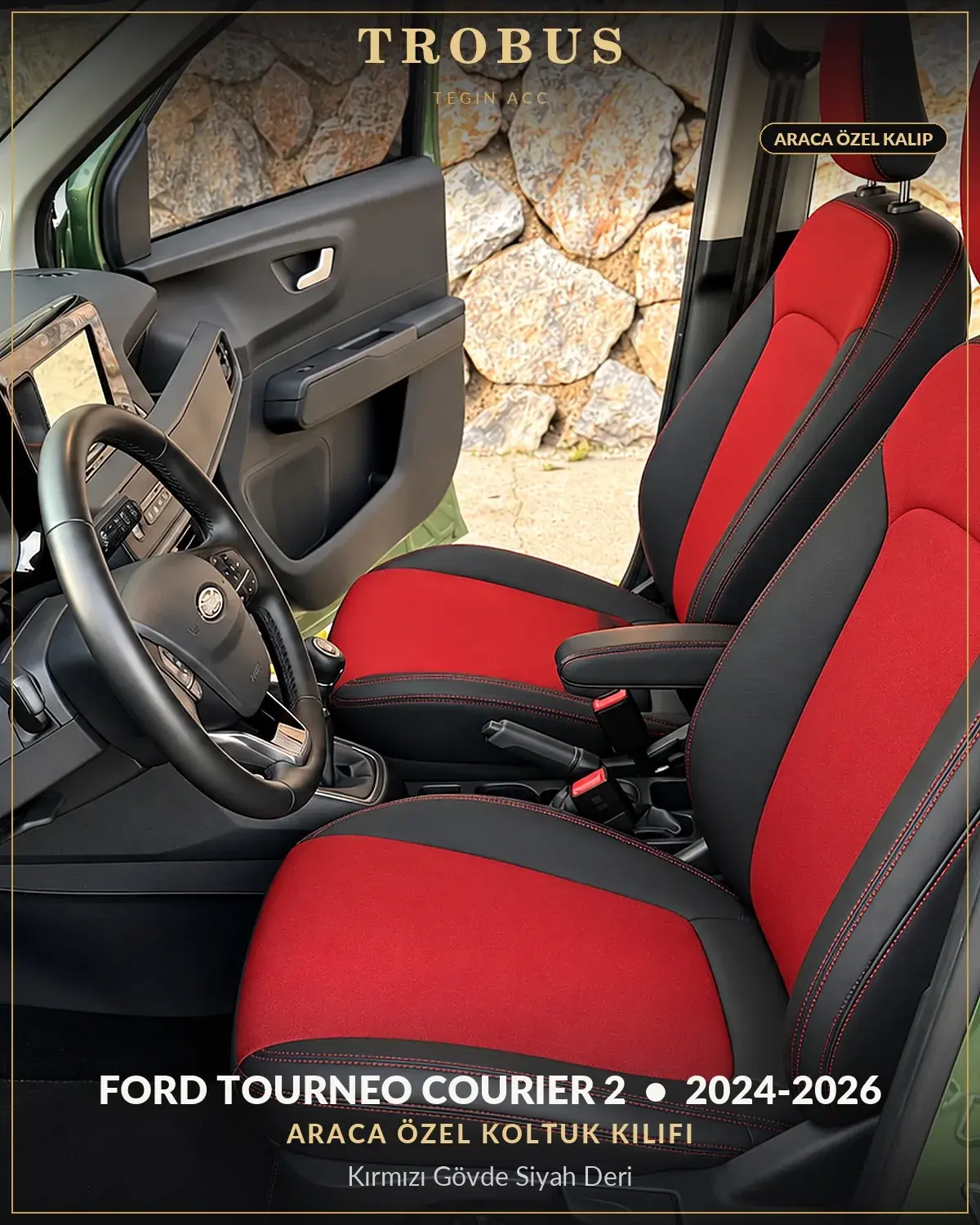 Ford Tourneo Courier 2 2024-2026 Araca Özel Koltuk Kılıfı Kırmızı Gövde Siyah Deri (1)