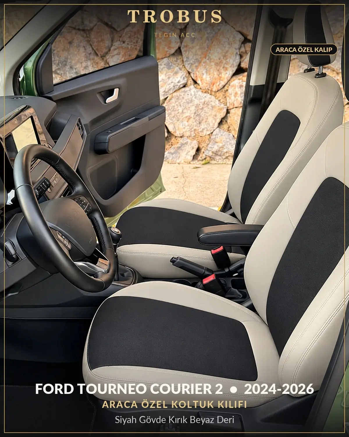 Ford Tourneo Courier 2 2024-2026 Araca Özel Koltuk Kılıfı Siyah Gövde Kırık Beyaz Deri (1)