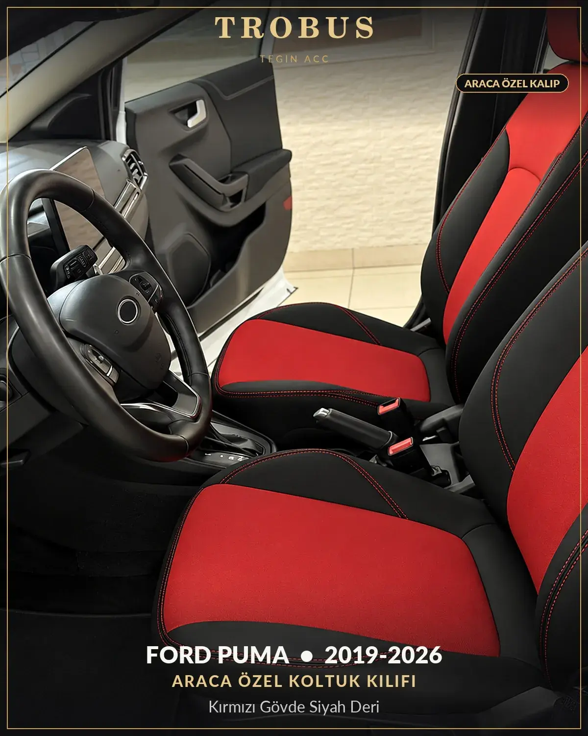 Ford Puma 2019-2026 Araca Özel Koltuk Kılıfı Kırmızı Gövde Siyah Deri (1)