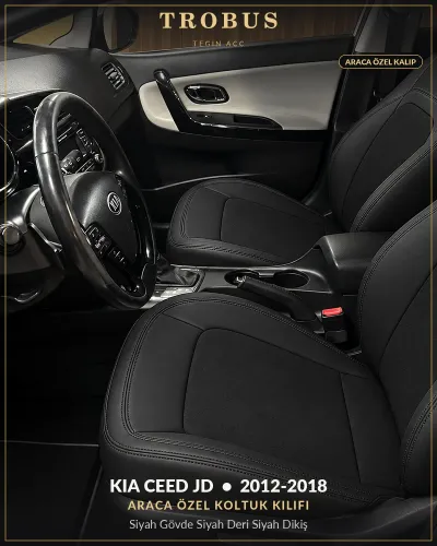 Kia Ceed JD 2012-2018 Araca Özel Koltuk Kılıfı Siyah Gövde Siyah Deri Siyah Dikiş