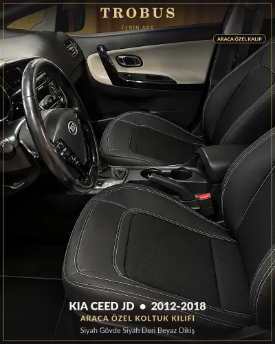 Kia Ceed JD 2012-2018 Araca Özel Koltuk Kılıfı Siyah Gövde Siyah Deri Beyaz Dikiş