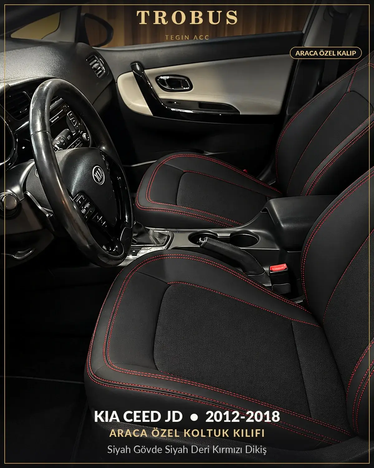 Kia Ceed JD 2012-2018 Araca Özel Koltuk Kılıfı Siyah Gövde Siyah Deri Kırmızı Dikiş (1)