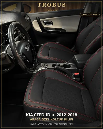 Kia Ceed JD 2012-2018 Araca Özel Koltuk Kılıfı Siyah Gövde Siyah Deri Kırmızı Dikiş